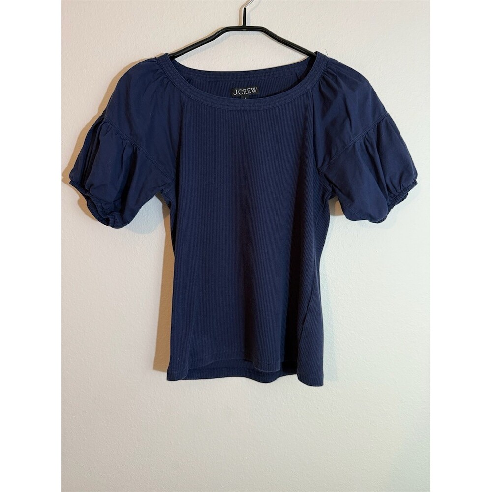 J.Crew Top Womens Small Navy Blue Ribbed Puff Sleeve Mixed Media Crew Neck